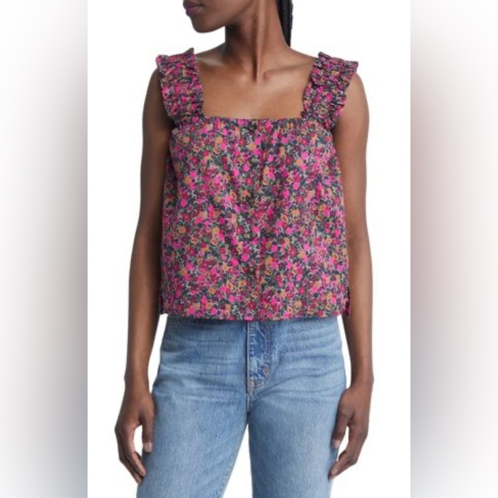 NWOT TREASURE & BOND Ruffle Strap Cotton Tank in Pink Manchester Floral
